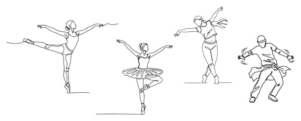 Diverse dancers including ballerina and contemporary artist performing in minimalist continuous line art style © Katarzyna