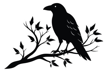 Obraz premium crow setting on a branch silhouette line art vector illustration with a white background