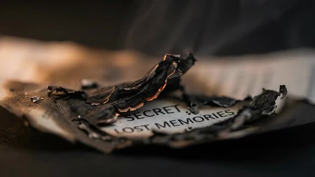 Burning paper with secret lost memories text on it.