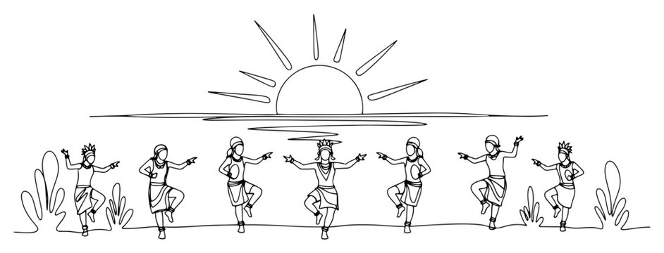 Tribal dancers performing ritual dance at sunrise in minimalist continuous line art style