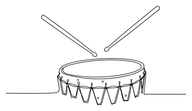 Musical drum with pair of drumsticks in minimalist continuous line art style