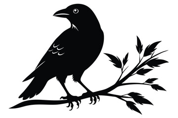 Naklejka premium crow setting on a branch silhouette line art vector illustration with a white background
