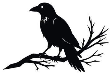 Naklejka premium crow setting on a branch silhouette line art vector illustration with a white background