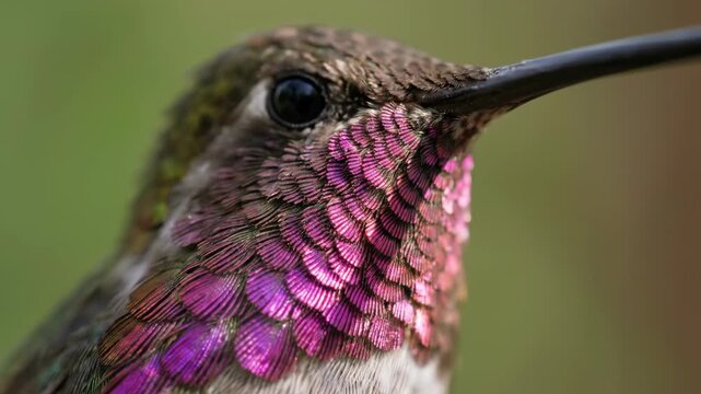 Close up of a hummingbird with iridescent feathers.