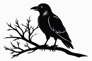 Naklejka premium crow setting on a branch silhouette line art vector illustration with a white background