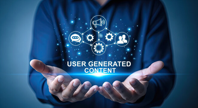 User generated content concept with glowing icons and network connections held by hands.