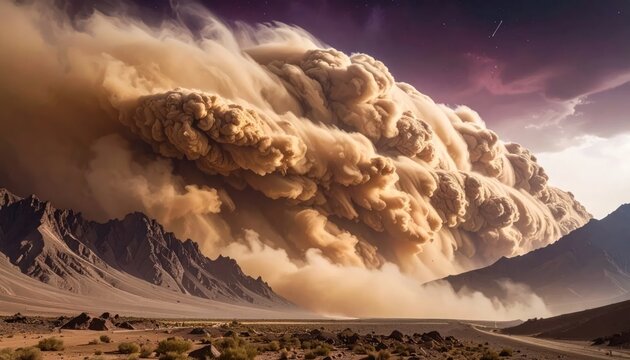 Huge dust storm engulfs desert, creating an ominous and apocalyptic scene