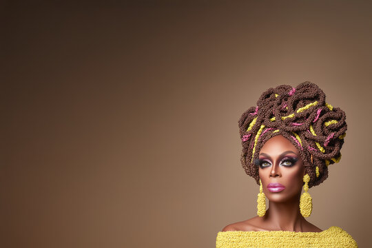 Drag queen portrait avec coiffure sculpturale en chocolat, maquillage glamour et robe dor&eacute;e sur fond brun avec espace n&eacute;gatif copyspace, 7 juillet journ&eacute;e mondiale du chocolat