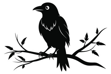 Naklejka premium crow setting on a branch silhouette line art vector illustration with a white background