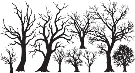 Obraz premium Set of Bare Winter Tree Silhouettes and Dead Branch Outlines Isolated on White Background for Landscape Design