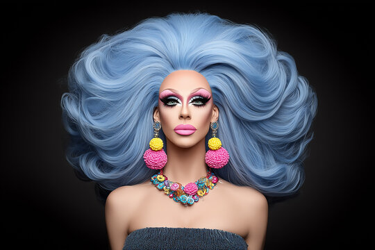 Drag queen glamour avec coiffure bleue volumineuse sur fond noir, portrait beaut&eacute; pop pour International Drag Day du 16 juillet, maquillage intense, mode audacieuse et f&eacute;minit&eacute; affirm&eacute;e