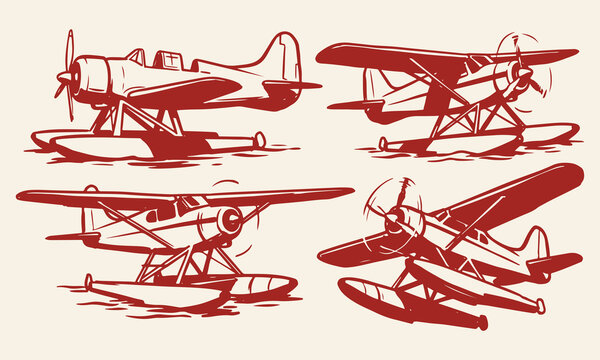 Vintage Seaplane Aircraft Set Water Airplane Collection Sketch Style Line Art Vector Illustration.
