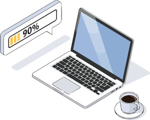 Fototapeta premium Isometric Laptop with 90 Percent Loading Progress Bar and Coffee Cup Illustration Isolated on White Background