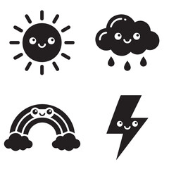Fototapeta premium Cute Weather Elements Icon Set - Isolated Flat Vector Black Silhouette Graphic Resource