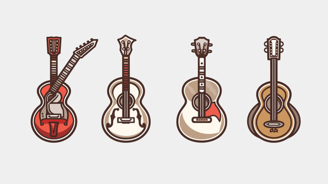 Line of four cartoon guitars of different colors, styles, and positions on off-white