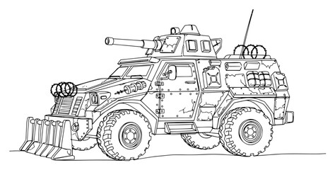 Post-apocalyptic armored combat vehicle with heavy plow and turret in line art style © Katarzyna
