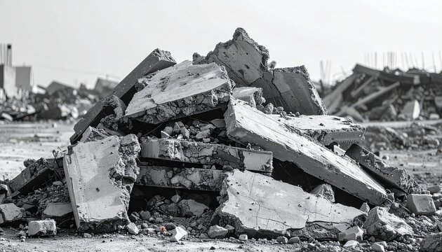 A large pile of fractured concrete chunks forming an unstable mound high resolution, representing demolition and debris.