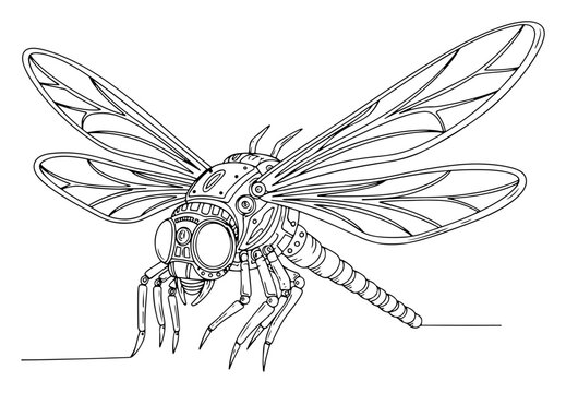 Steampunk dragonfly mechanical insect with gears and wings in line art style