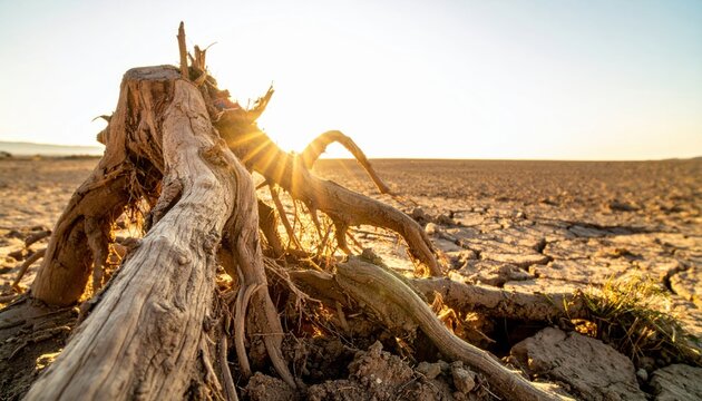 Gnarled Tree Roots Exposed by Drought and Erosion Reaching Like Skeletal Fingers in Arid Landscape Under Harsh Sunlight