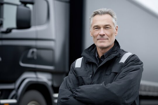 professional truck driver portrait standing near modern truck
