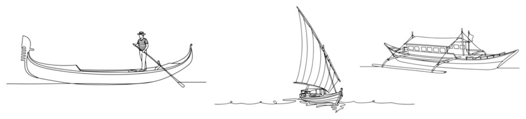 Traditional rowing boats including Venetian gondola and sailboat in minimalist line art style © Katarzyna