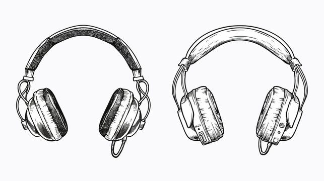 Two sets of headphones in sketched black and white style, isolated on white background