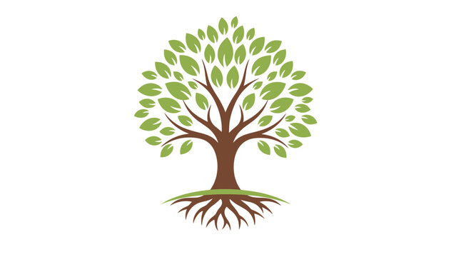 Tree vector illustration with green leaves and brown roots on white background