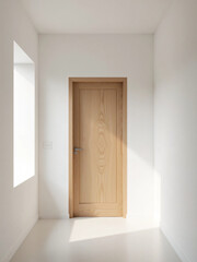 Fototapeta premium Minimalist Interior with Arch Windows and Wooden Door in Soft Natural Light