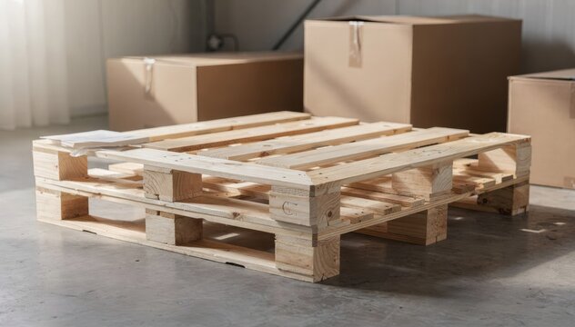 Medium shot of lightweight wood pallets bonded with ecofriendly plantbased adhesives highlighting minimal nail use and sustainable packaging solutions.