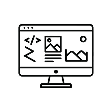 A minimalist line drawing depicts a computer monitor displaying code an image and a graph high quality professional detailed modern