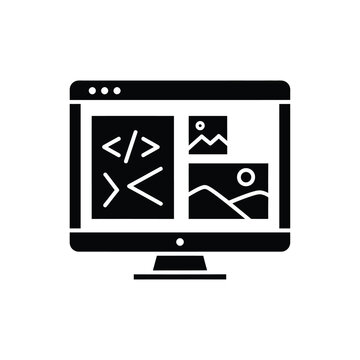 A black silhouette of a computer monitor displaying code brackets a picture and a landscape within its screen high quality