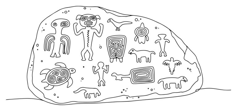 Prehistoric rock carvings and petroglyphs with primitive symbols in continuous line art style
