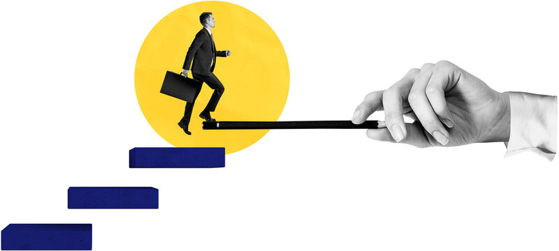 Business person climbing steps in minimalist collage style on white background, symbolizing career progress and development in modern business concept