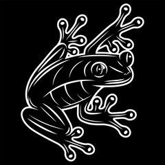 Fototapeta premium Stylized white outline of a tree frog with large eyes and suction-cup toes against a dark background.