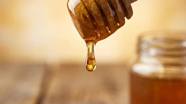 Golden Honey Dripping from Wooden Dipper into Jar Close Up.