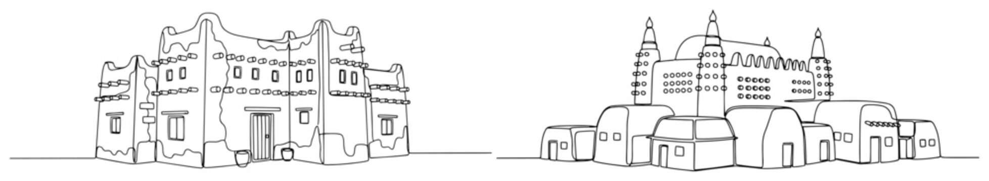 Traditional African mud buildings and adobe architecture in minimalist line art