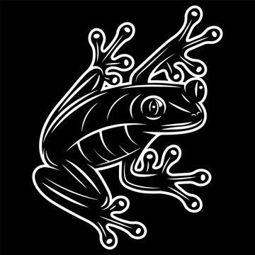 Stylized white outline of a tree frog with large eyes and suction-cup toes against a dark background.
