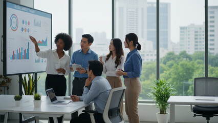 Obraz premium Modern Business Team Collaboration in Office Meeting Workspace