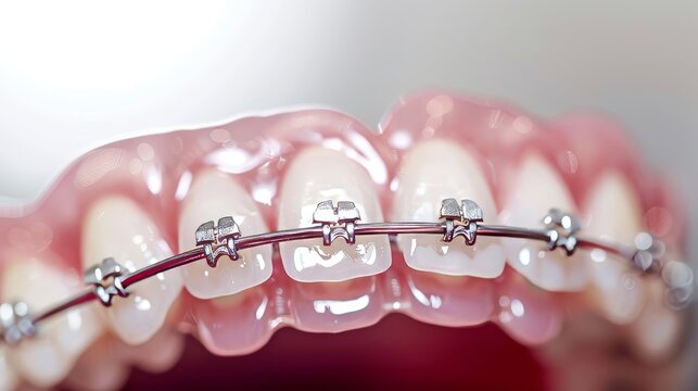 Bright smile transformation with dental braces showcasing an array of shiny brackets on white teeth during an orthodontic procedure