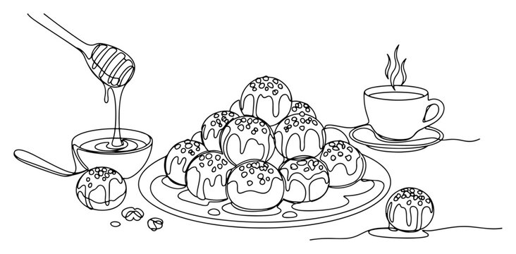 Profiteroles with chocolate sauce and coffee cup in minimalist continuous line art style