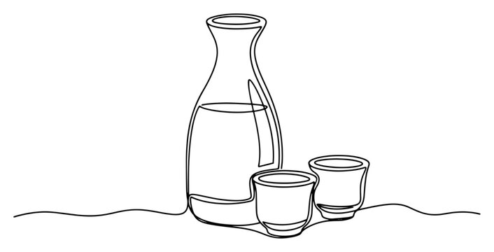 Japanese sake set with ceramic carafe and small drinking cups in minimalist continuous line art style