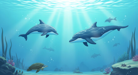 Obraz premium Dolphins Swimming Underwater with Sunlight Rays and Sea Turtle
