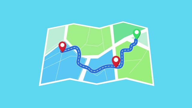 Animated video of a folded map showing multi stop delivery route with GPS navigation path and location pins. Represents logistics tracking, shipment routing, and real time navigation system.