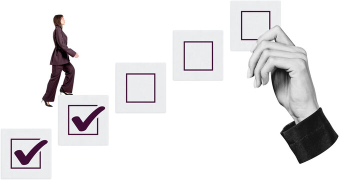 Woman stepping on checklist boxes in collage style on white background, concept of progress and achievement and continuous growth