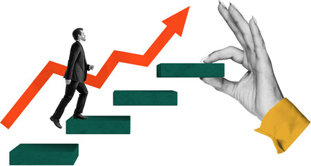 Man climbing green steps with a rising red arrow and large hand placing a block in collage style on...