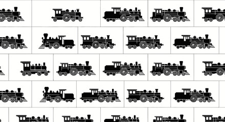 Seamless Pattern of Vintage Steam Locomotive Silhouettes on White Background © Erlin