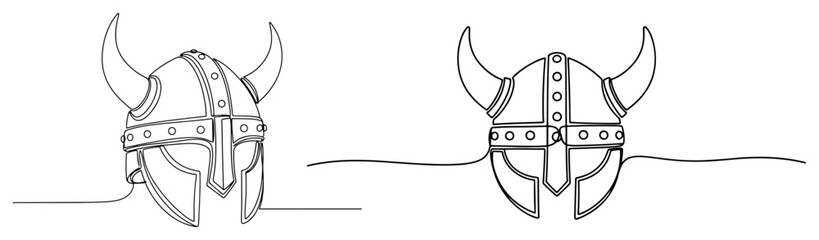 Viking warrior helmets with horns and metal plates in continuous line art style © Katarzyna