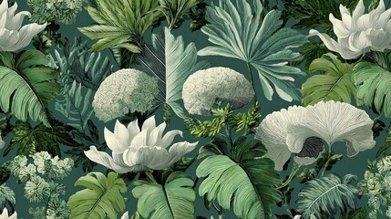 Obraz premium Tropical leaves and flowers create a repeating design.
