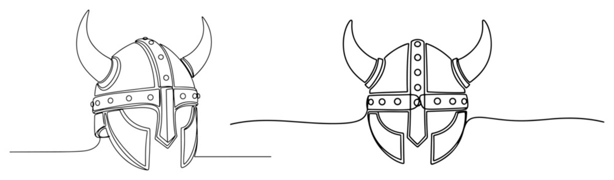 Viking warrior helmets with horns and metal plates in continuous line art style