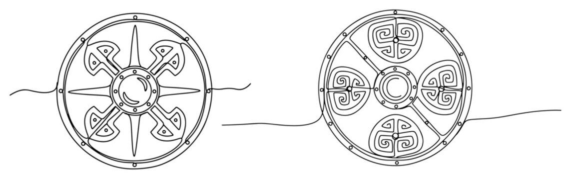 Viking shields with ornate celtic patterns and metal studs in continuous line art style